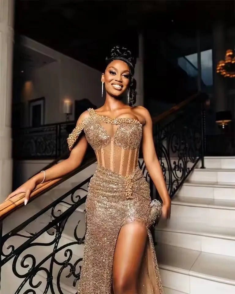 Golden One Shoulder Beaded Aso Ebi Prom Party Dresses High Split Corset Mermaid Party Dress For Women 2025 African Customized