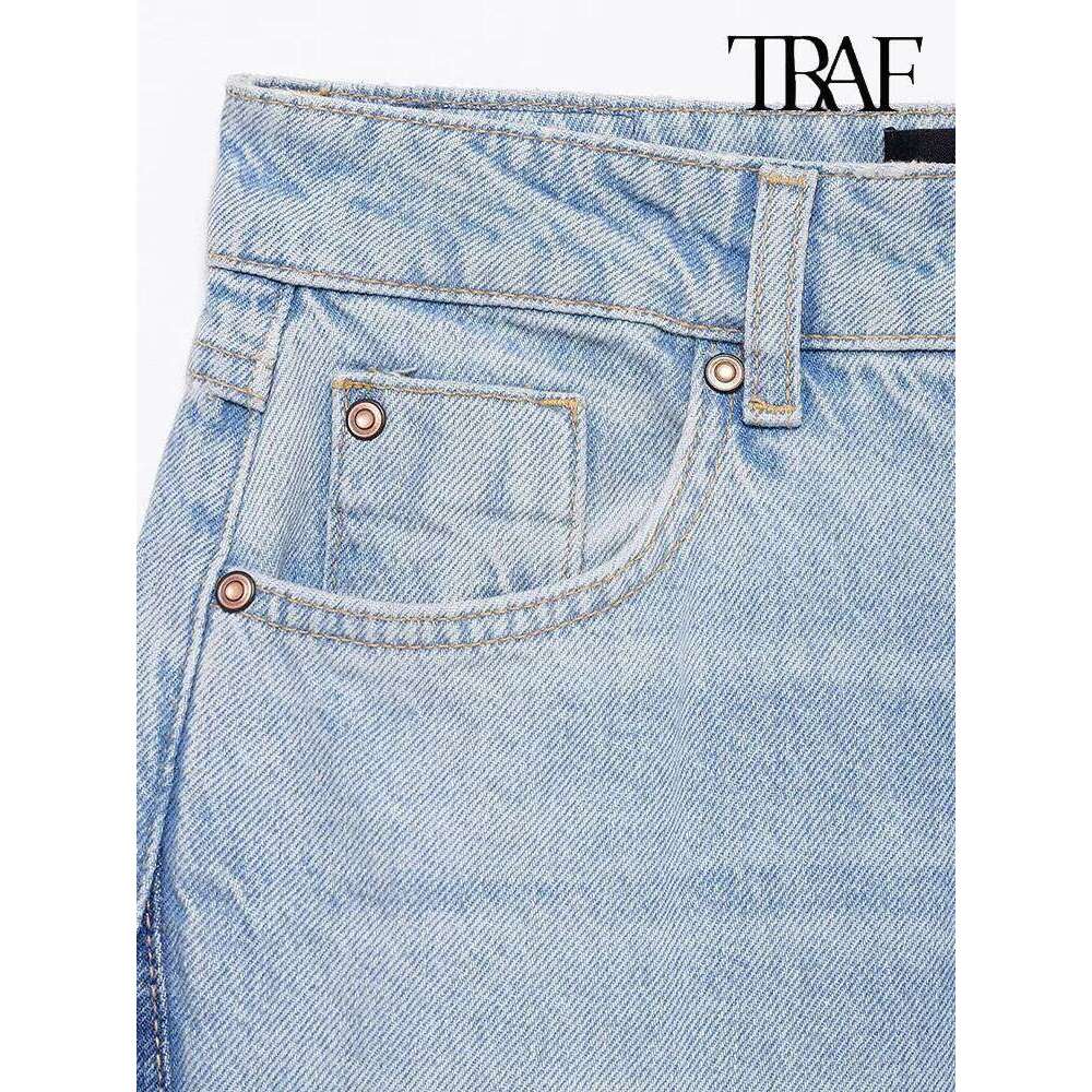 TRAF Fashion Vintage Style Contrast Color Splicing Waist Wide Leg Jeans High Street Casual Versatile Women's Pants MDNG