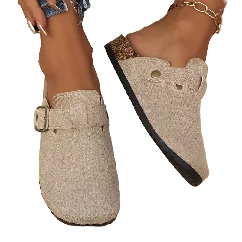 Slippers Women's Solid Color Flat Mules, Round Suede Clog Sandal,Casual Closed Toe Slip On Shoes, Comfortable Buckle Strap Design Shoes Fall Vint