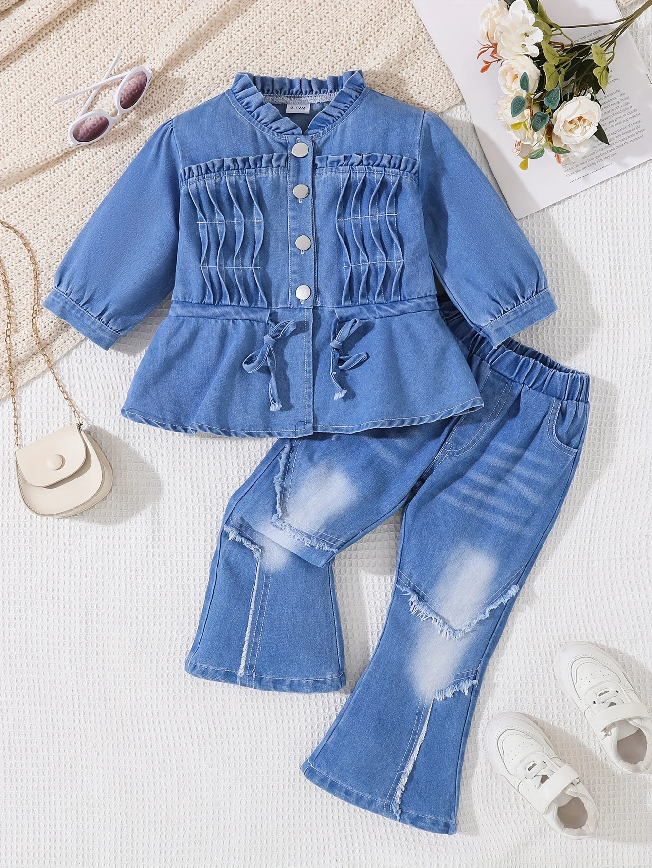 Spring And Autumn Fashion Baby Girl Denim Set Stand-Up Collar Waist-Shaped Drawstring Denim Jacket Casual Washed Jeans 250729