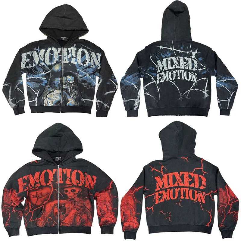 Men Women Couples Mixed Emotion Hooded Sweatshirt Jacket Streetwear Retro and Graffiti Print Cardigan Zip Hoodies T250730