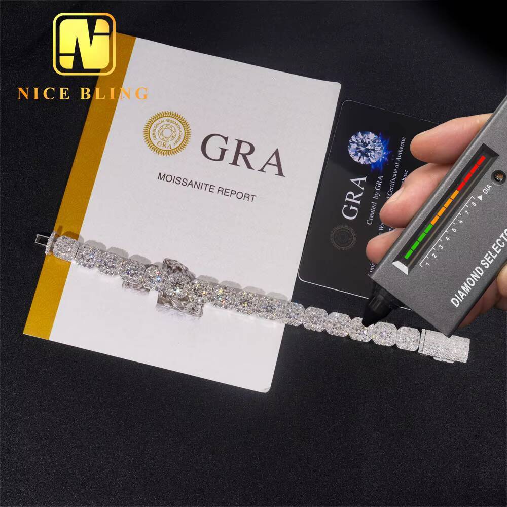 Luxury Fire Jewelry 10mm 925 Sterling Silver D Color VVS Moissanite Diamond Cluster Tennis Chain Necklace for Men Women
