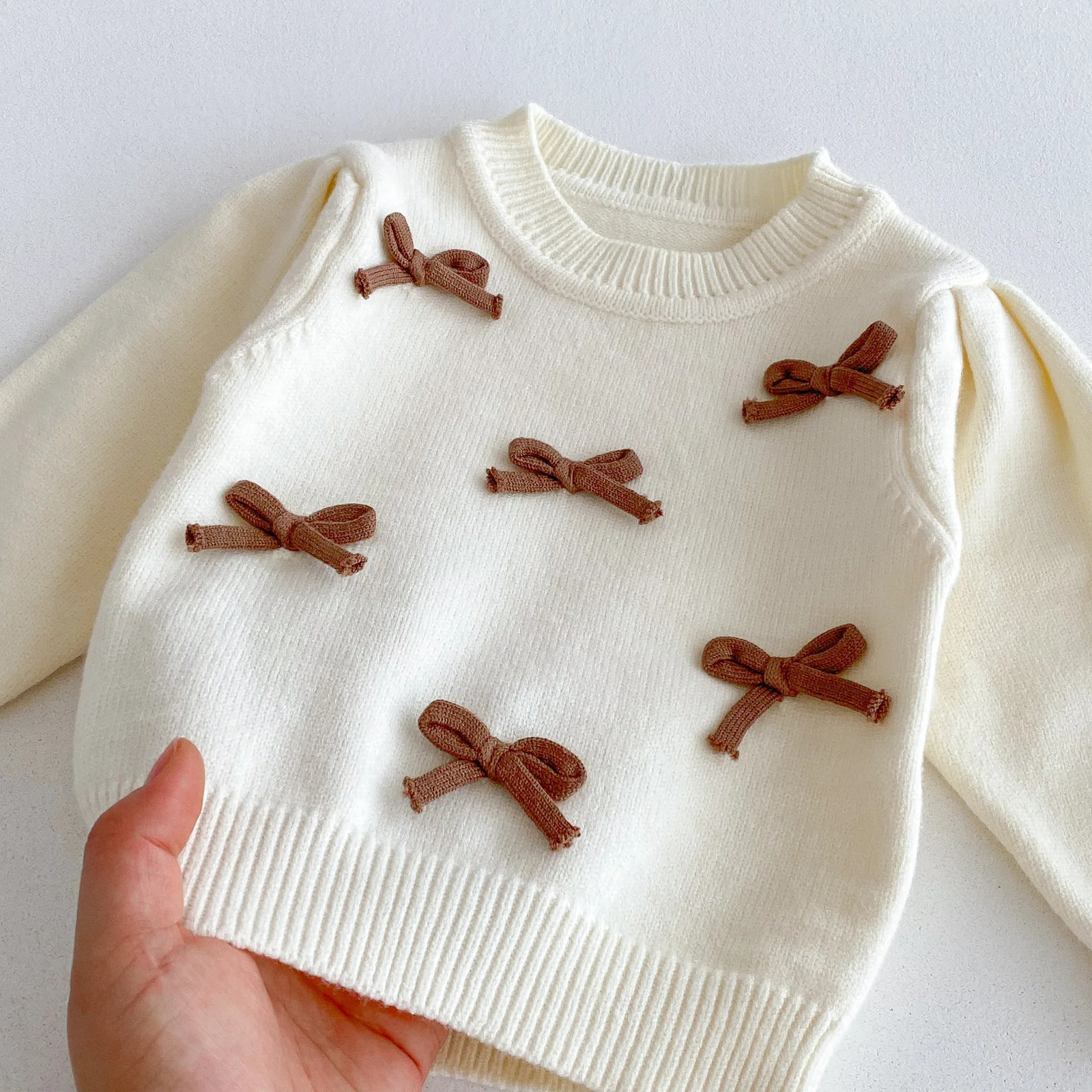 Baby Girl Sweater Suit Autumn and Winter Bow Round Neck SweaterBell Bottoms Cute Bag Three Piece Suit 250729