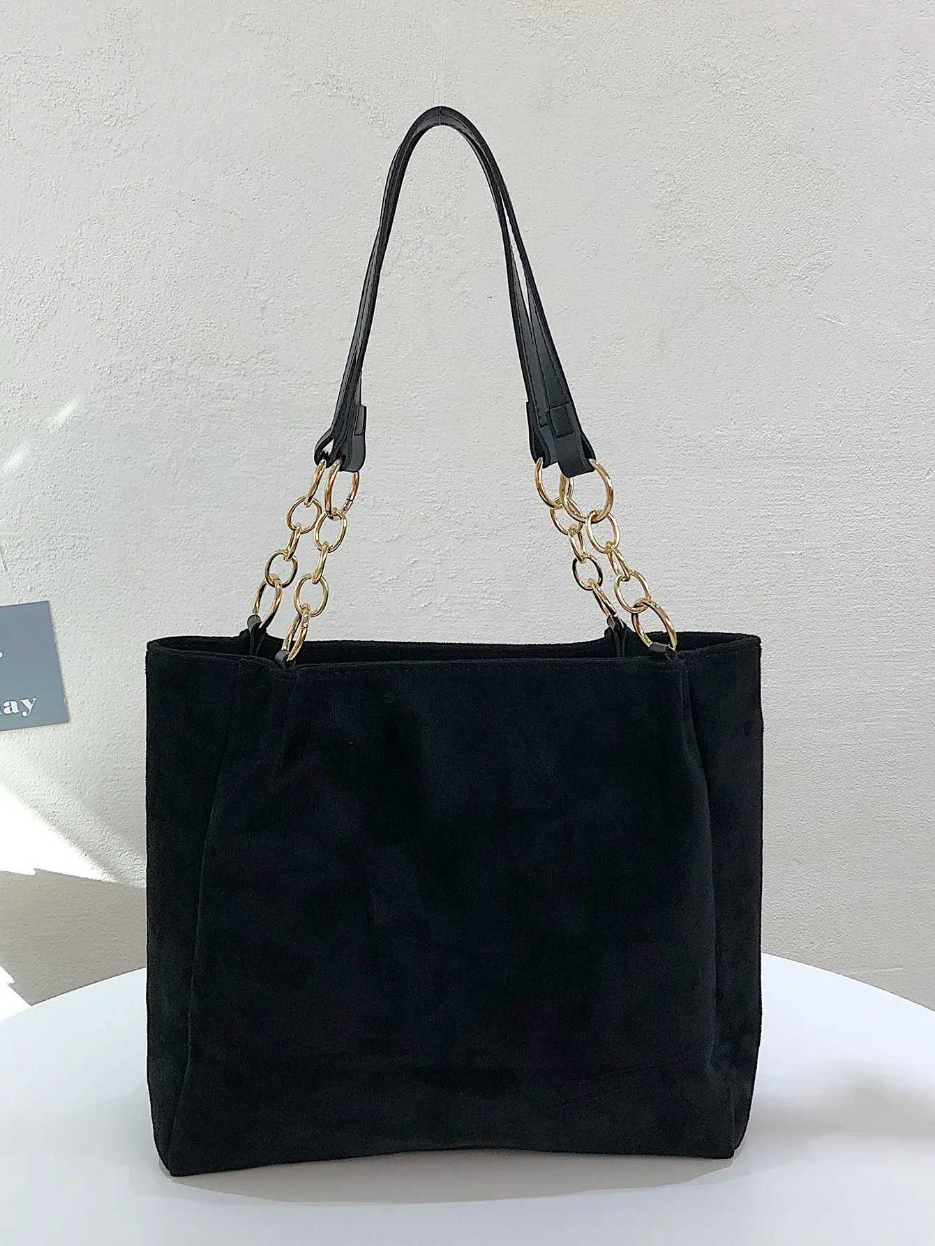 Stylish Suede Shoulder Bag Letterstick Details Chain Trim Tote Handbag Lady High Volume Tote Bag G250729