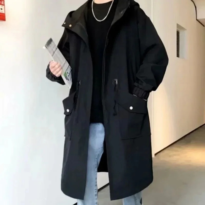 Spring Autumn Army Green Windbreaker Fashion Men Midlength Casual Hooded Coat Daily High Street Overcoat Male Clothes 250730