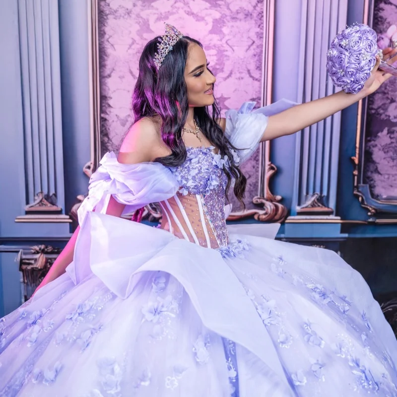 Blue Shiny Quinceanera Dresses Off The Shoulder Applique Flower Beading Crystal Tulle Vestidos De 15 Anos Sweet 16 Dress