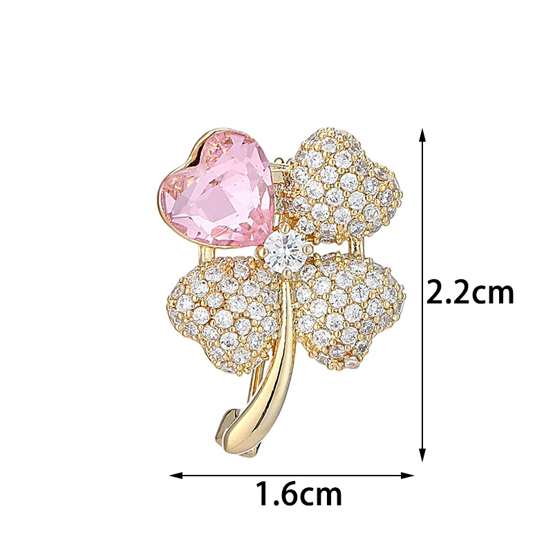 Gold Tone Four - Leaf Clover Brooch With Pink Heart - Shaped Gem And Central Diamond Accent Elegant Daily Jewelry And Gift For Her High Quality And St