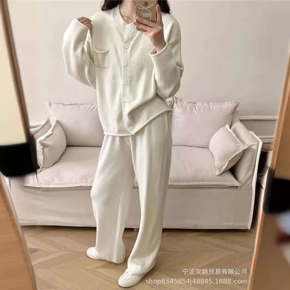 Autumn Winter New Loose Knitted Suit For Women Round Neck Cardigan Sweater + Wide Leg Pants B5