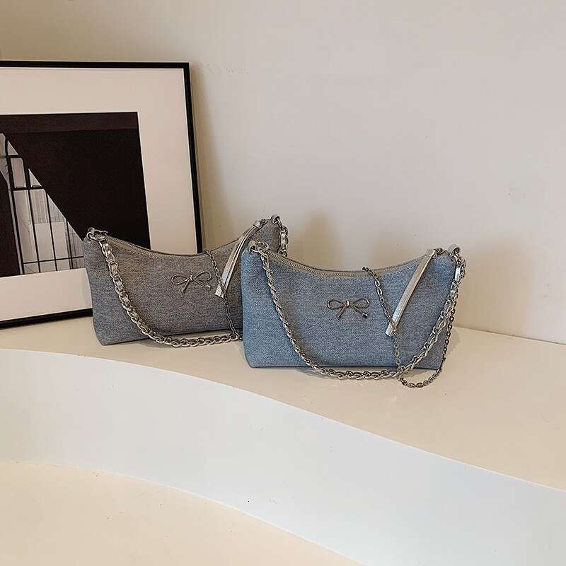 Elegant Bowknot Underarm New Denim Blue Chain Women's Niche Design Single Shoulder Crossbody Bag