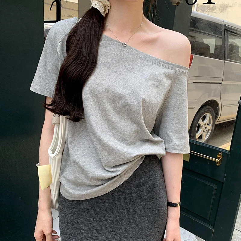 Women Spring Solid Slim Fit Crop Top Sexy Tees Shirts Fashion Skew Collar Offshoulder Longsleeved Tshirts 250729