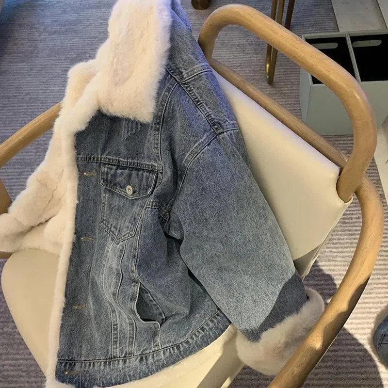 Fox Fur Collar Short Jacket Liner Denim Women Winter Loose Thick Warm Jeans Jackets Parka Female Outerwear 250730
