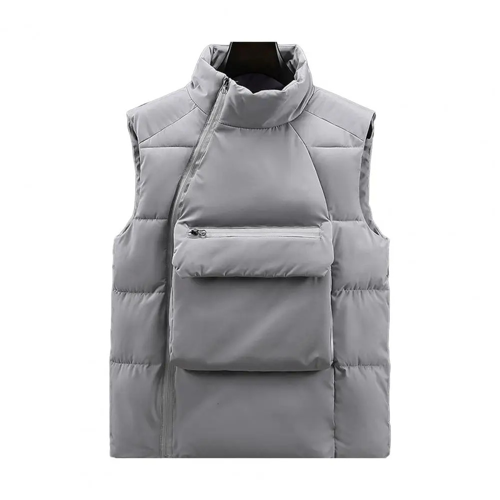 Men Down Waistcoat Stand Collar Sleeveless Oblique Zipper Closure Vest Coat With Front Pockets Solid Color Cotton 250730