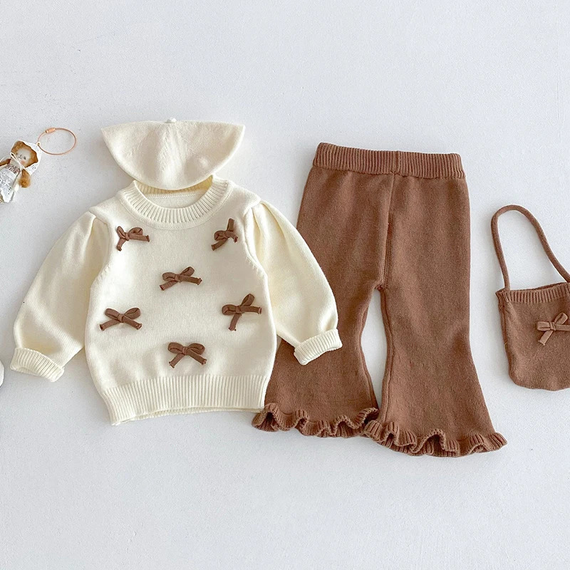 0-24M Baby Girls Knit Suit Fashion Baby Girls Clothing Sets Bow Knit SweaterBell-Bottoms Suit 2PCS Infant Girls Knit Tracksuits 250729