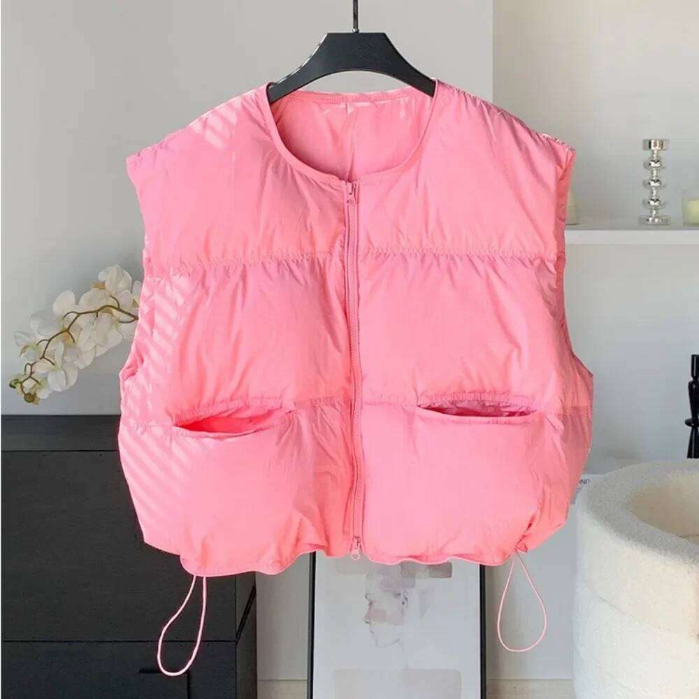 Designer Clothing 2025 Duck Sleeveless Down Jacket Women New Winter Loose Short White Vest Adjustable Zipper Up Warm Casual Solid Puffer Coat