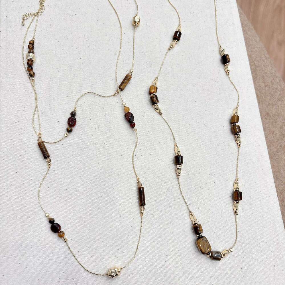 Exquisite Fashionable Melad Coffee Color Tiger Eye Stone Snake Bone Necklace High-end Niche Women's Metal Long Sweater Chain 1de