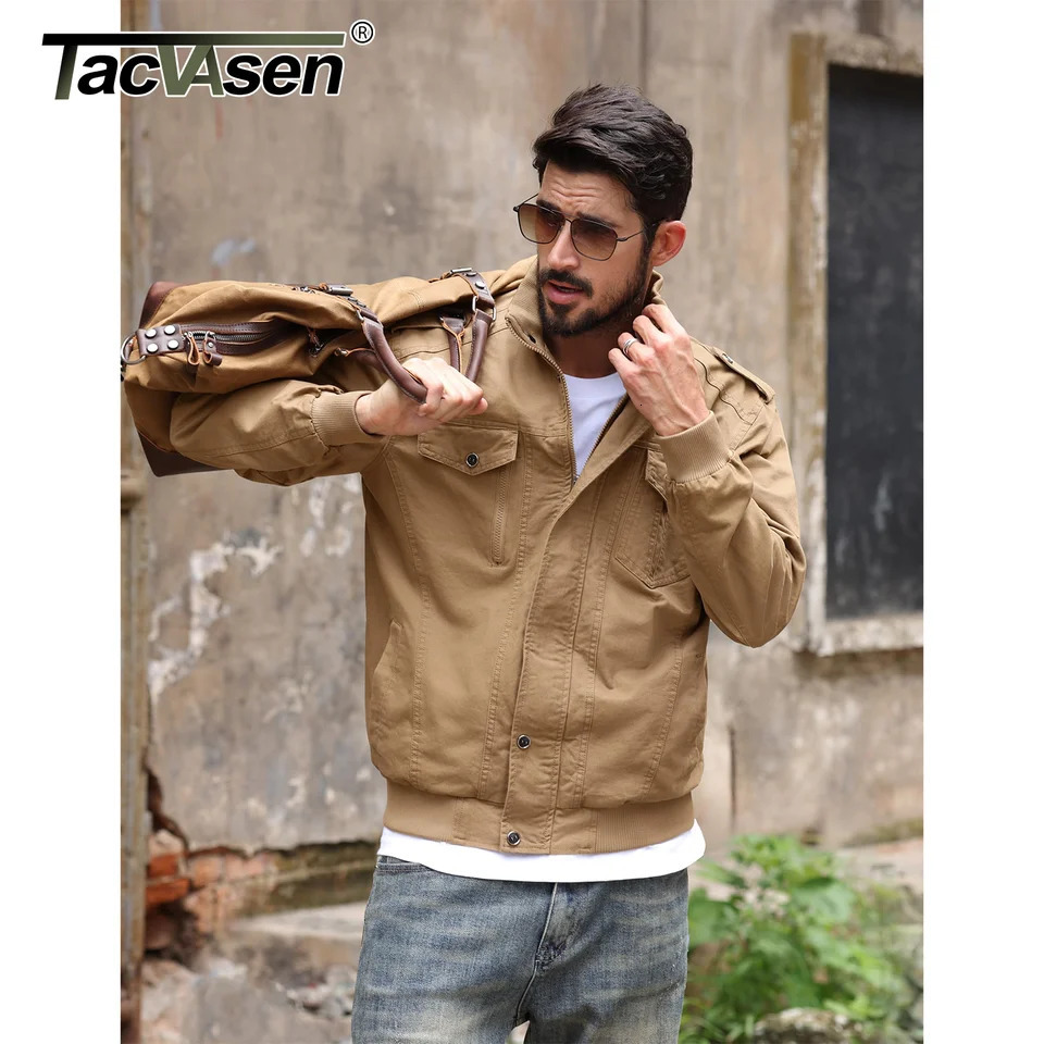 TACVASEN Full Zip Cargo Jacket Mens Retro Stand Collar Pilot Spring Autumn Lightweight Bomber Casual Outwear 250730