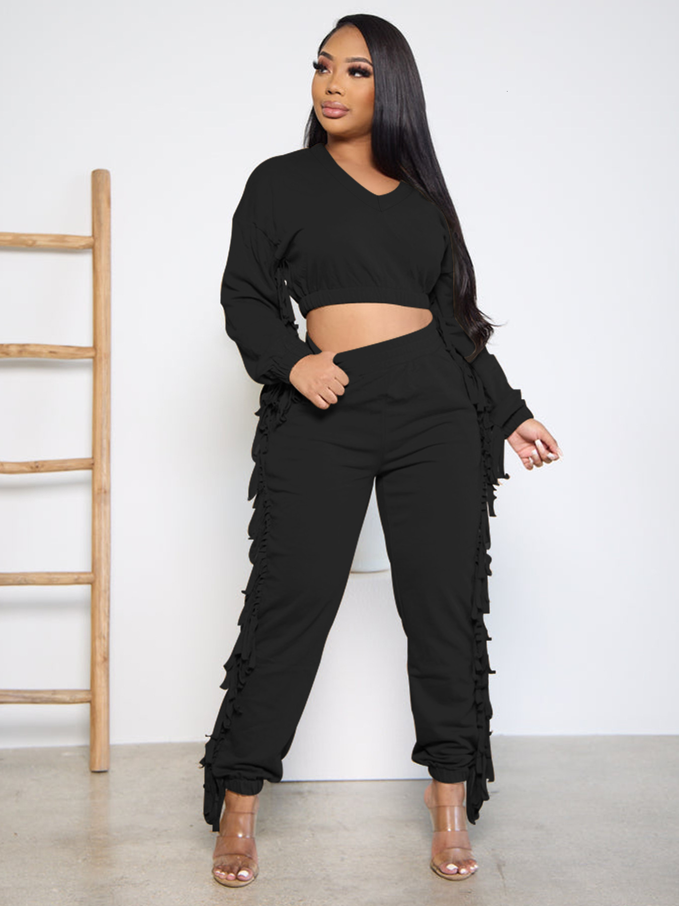 F1360-2 New Womens Solid Color Black Tassel Short Fashion Casual Set