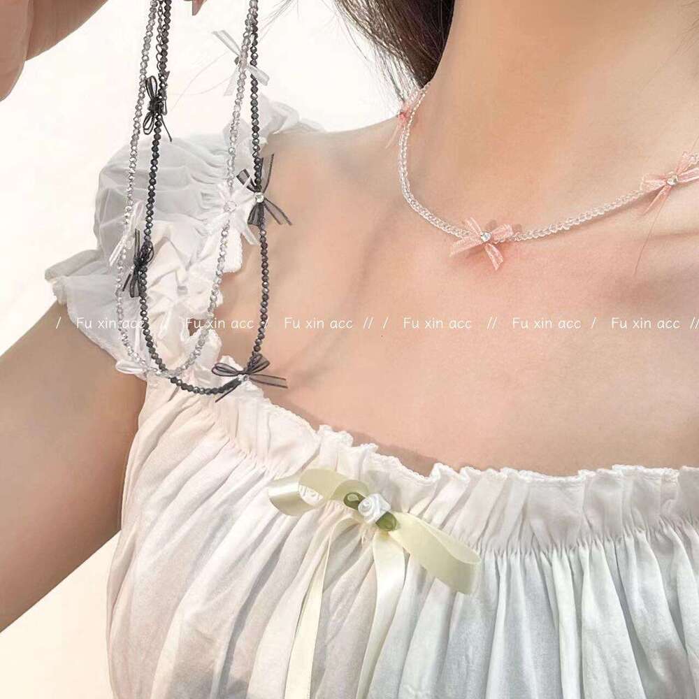 Sweet Girl Sheer Bow Necklace for Women Korean Dongdaemun Collarbone Chain Elegant Versatile Beaded Choker 777