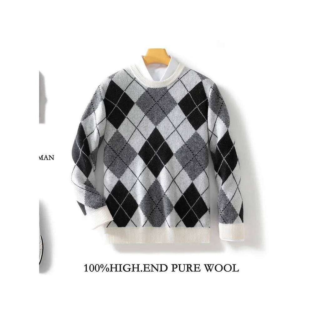 Men's 100% Merino Wool Multicolor Sweater Round Neck Knitted Pullover Cashmere Thickening Tops Long Sleeve Jumpers Autumn Winter MDNG