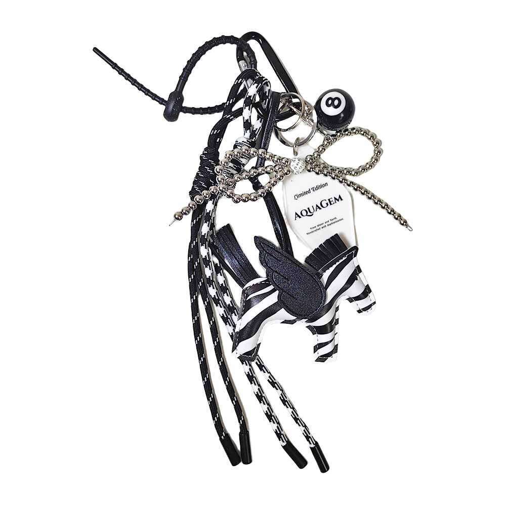 Black and White Zebra PU Leather Little Pegasus Silver Pearl Bow Keychain Unisex Bag Pendant