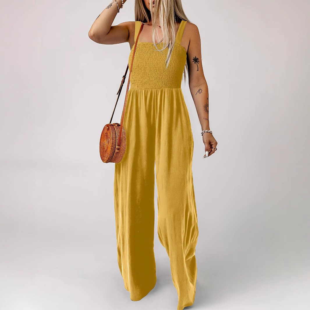 F2179 Womens Autumn Casual Elegant Yellow Strap Loose Wide-Leg Vacation Jumpsuit