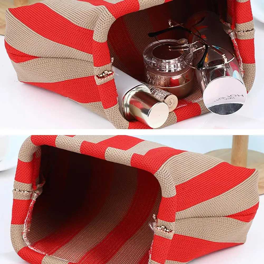 Women Handbag Colorblock Knitted Women Bag Large Mouth Cosmetic Cellphone Keys Stoarge Pouch Summer Beach Clutch Lady Purse Y250729