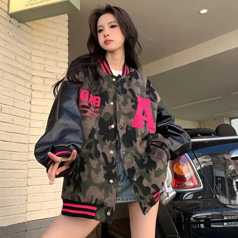 Camouflage Student Loose American Retro Baseball Jacket ed Letter n Vintage for Girls 250730