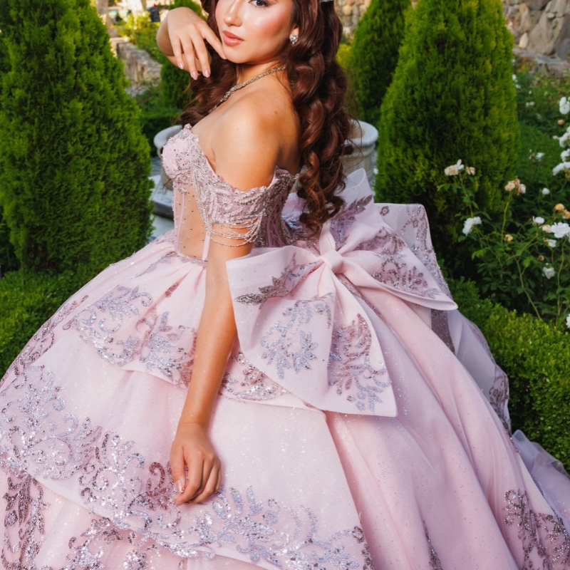 Pink Shiny Quinceanera Dresses Ball Gown Off The Shoulder Sequin Applique Lace Beads Bow Party Birthday Sweet 16 Dress Vestidos 15 De Anos