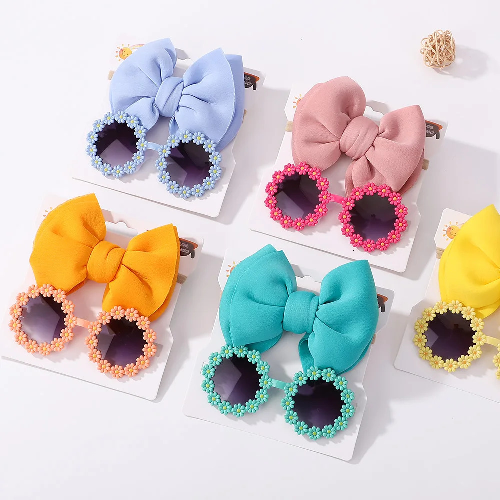 2Pcs Kids Sunglasses Headband Set Baby Unglasses Elastic Nylon Bohemia Beach Seaside Sun Glasses Bow Headwear 250716