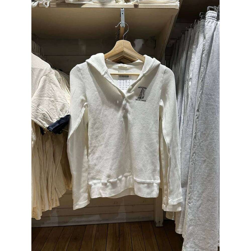 Letter Print Waffle Hooded T-shirt Women Spring New Buttons Long Sleeve Slim Tee Shirts Vintage Chic Preppy Style Tops Y2k