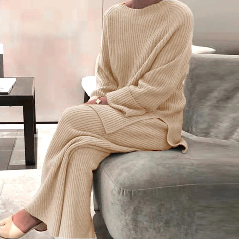 Knitted Sweater Suit Women Elegant Solid ONeck PulloversWide Leg Pants Lady Autumn Winter Soft 2Piece Set Homewear 250729