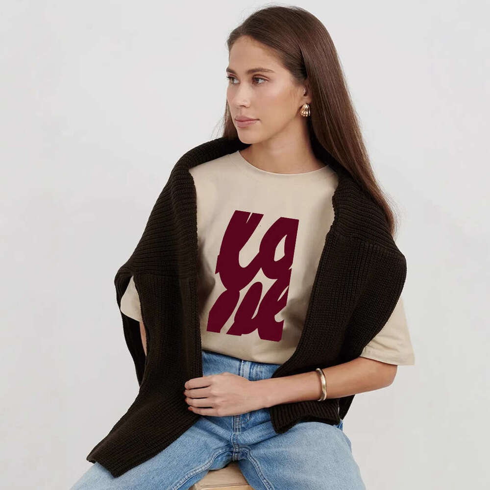 Minimalist Letter Print T-Shirt For Women, Summer Versatile Loose Round Neck Pure Cotton Short Sleeve Top B5 h6