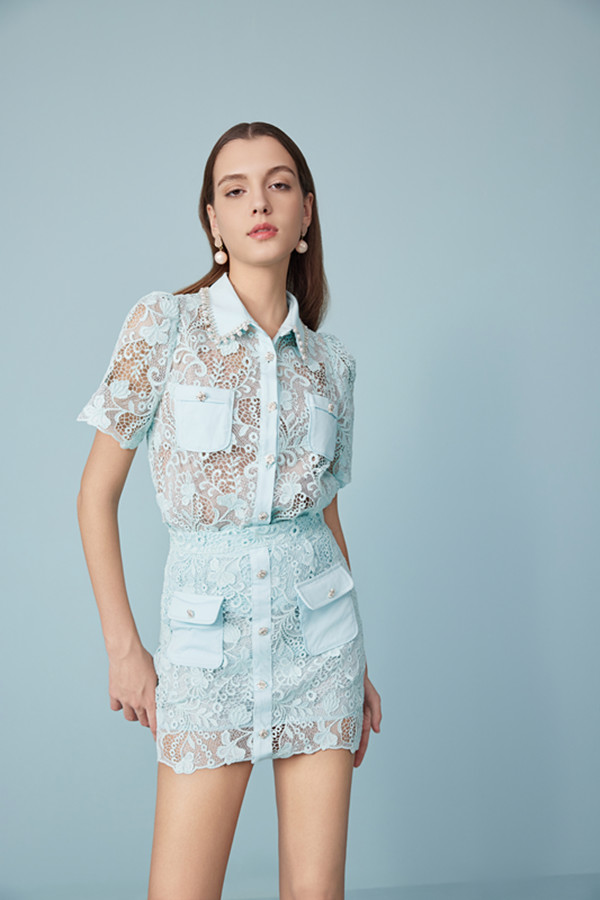 Women Mint Green Lace Plaid Straight Short Skirts Elegant Ladies Hollow Out Trendy Zipper Work Wear Floral Pencil Wrap Hips Mini Skirt 6111421