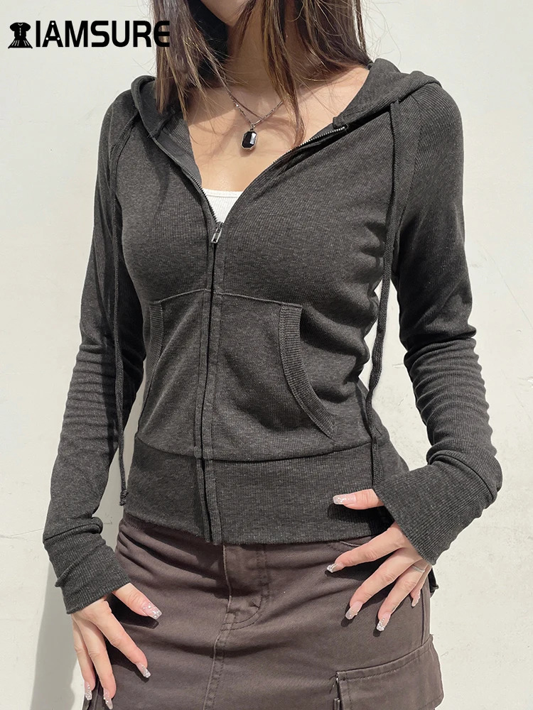 IAMSURE Casual Streetwear Basic Hooded Pockets Sweatshirt Tracksuit Solid Long Sleeve Hoodies Women Autumn Spring Fashion 250730