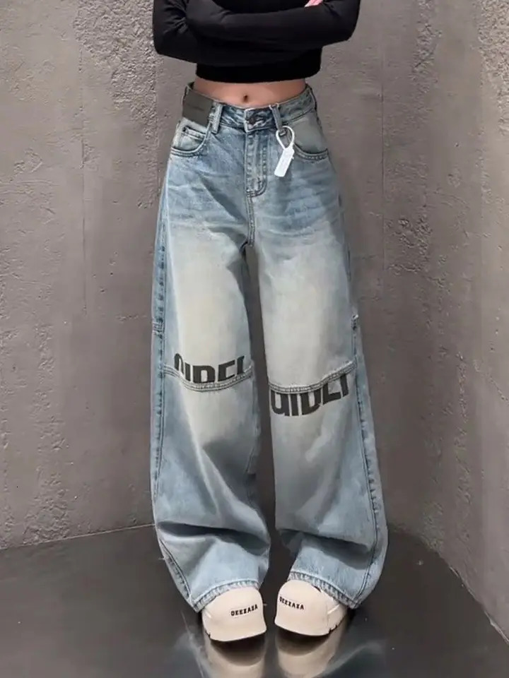 Letter Print High Waited Jeans Woman Street Harajuku Vintage Y2k Pants Women Trousers Casual Wide-leg Baggy Jeans Women 250730
