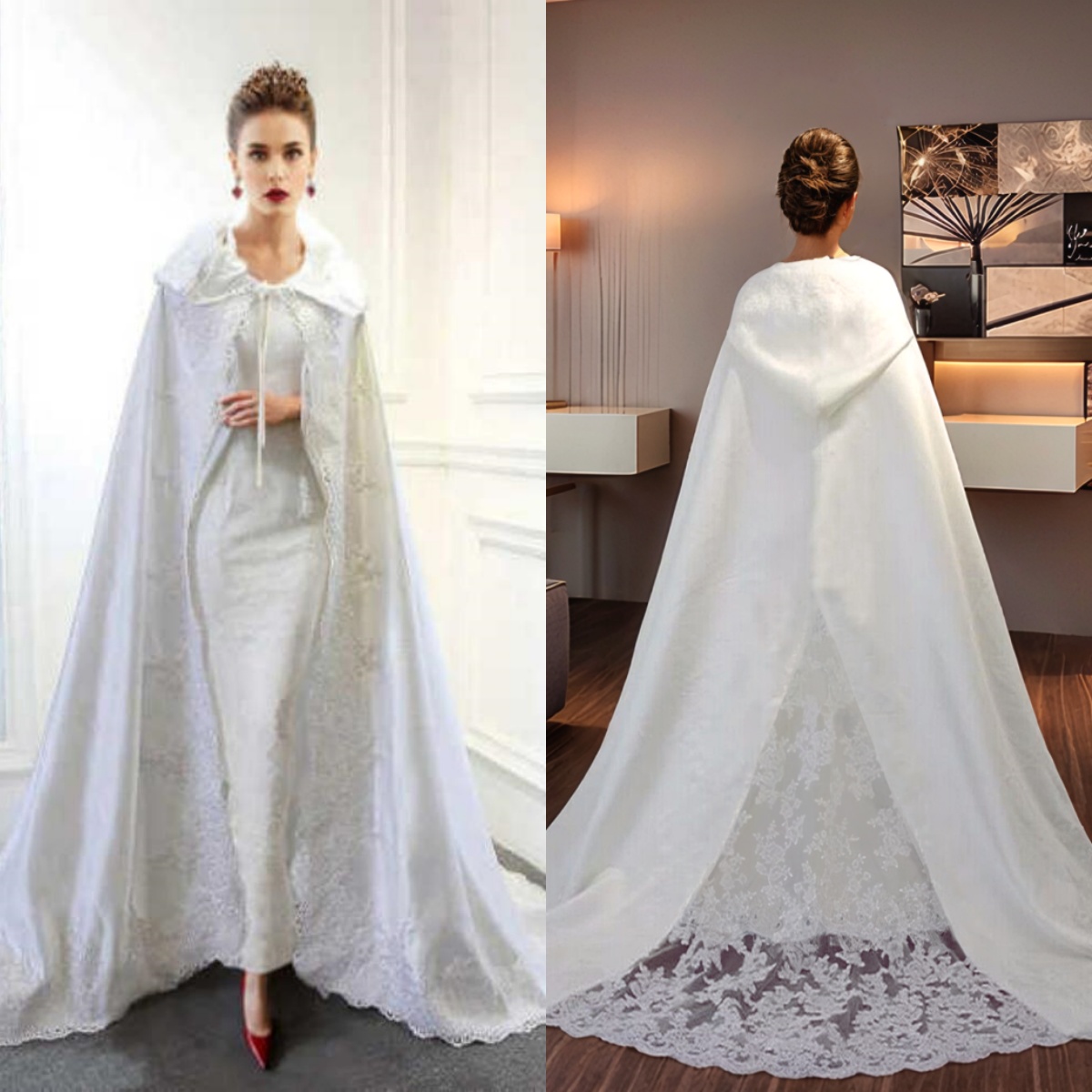 Luxury New Wedding Customized Wraps Shawl Capes Long Train Lace Edge With Hood Appliques Bridal Cloaks Custom Made Jackets