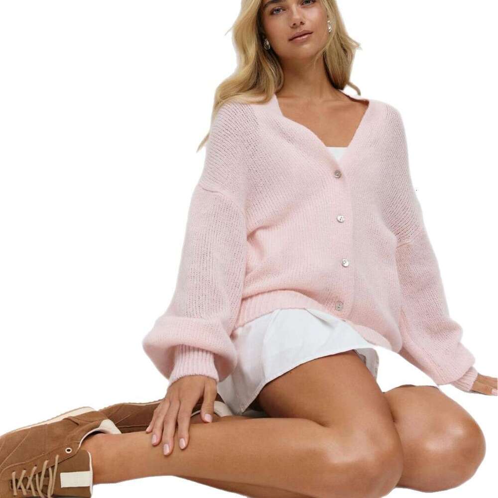 Autumn New Soft Mohair V-Neck Hollow Cardigan For Women, Elegant Lazy Style With Shell Buttons And Lantern Sleeves Sweater Coat B5