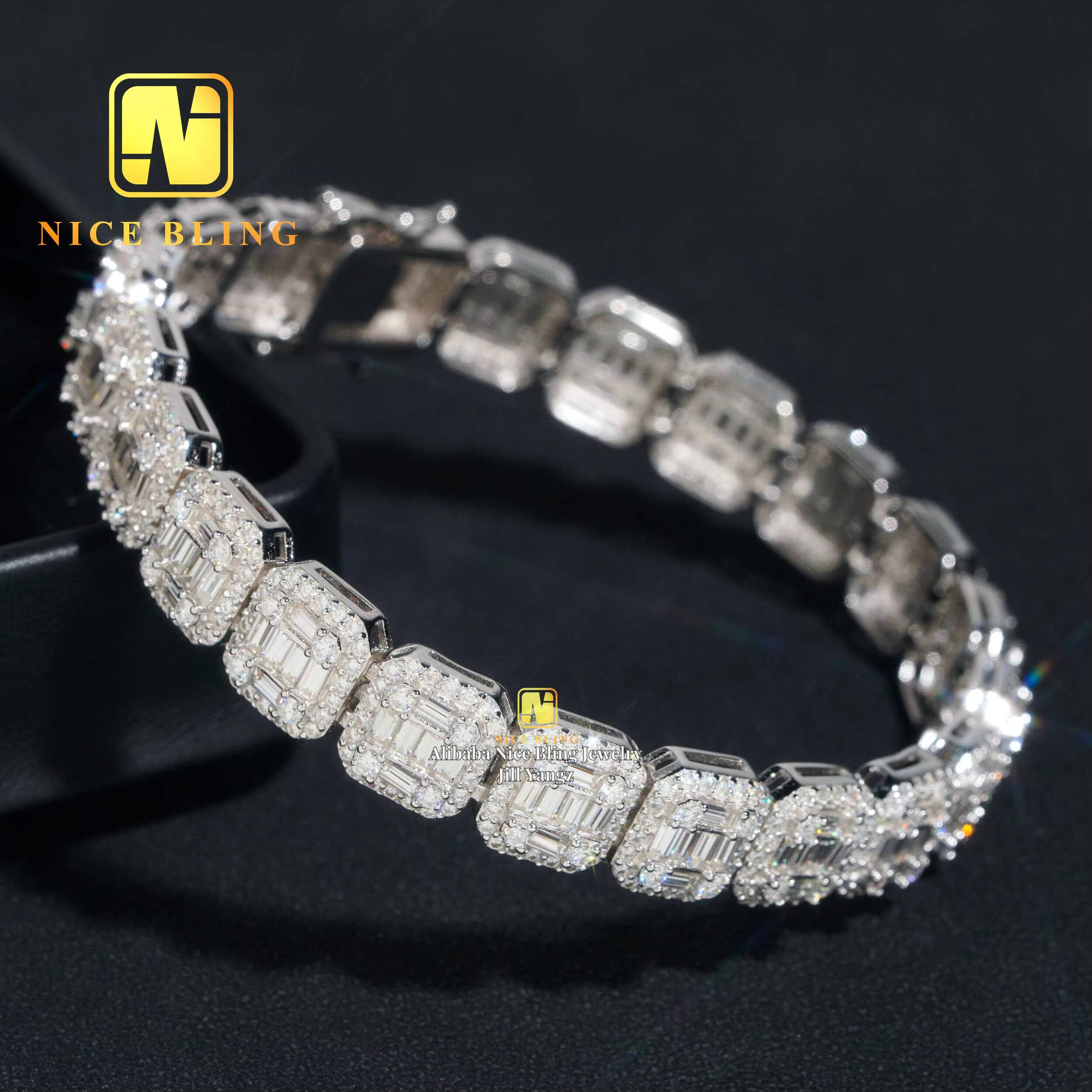 Nice Bling Jewelry Baguette Moissanite Cuban Bracelet Hip Hop Rock Moissanite Cuban Chain 925 Silver