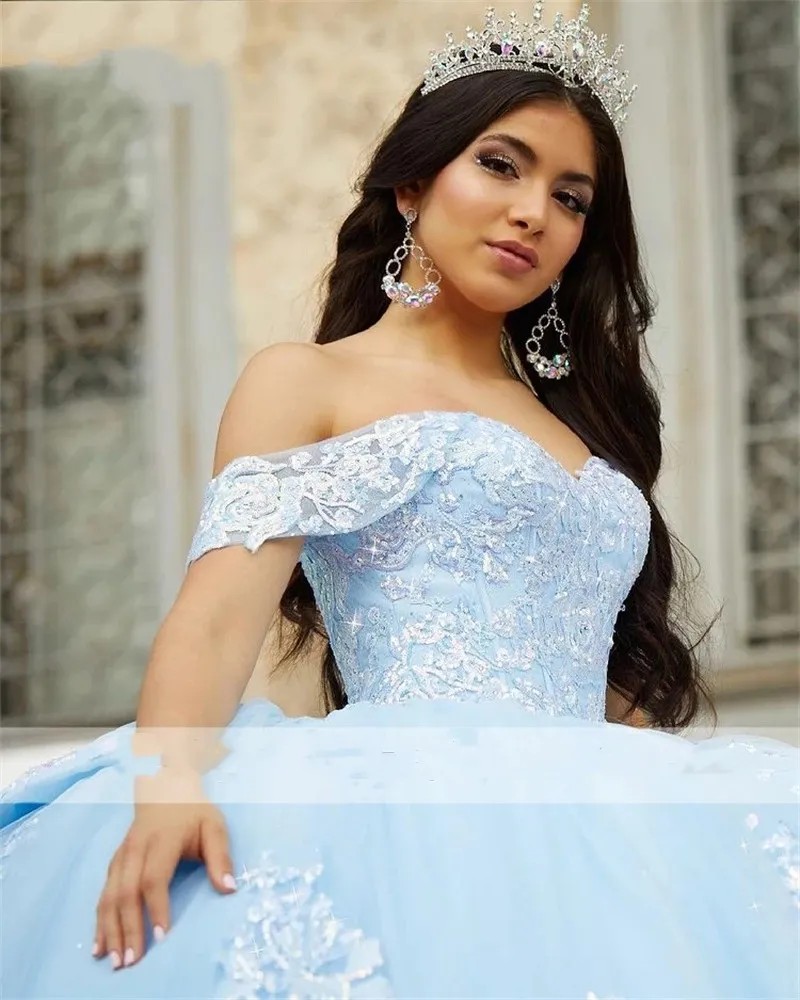 Sky Blue Ball Gown Quinceanera Dresses 2025 Off Shoulder Beaded Appliques Sweet 16 Dress Vestidos De 15 anos