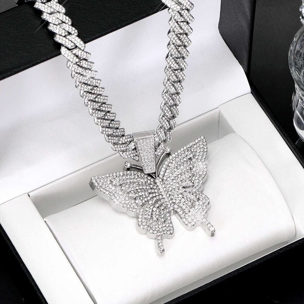 Hot Item Hip-Hop Style Necklace Fashion Alloy Full Dia Unisex Butterfly Pendant Cuban Chain