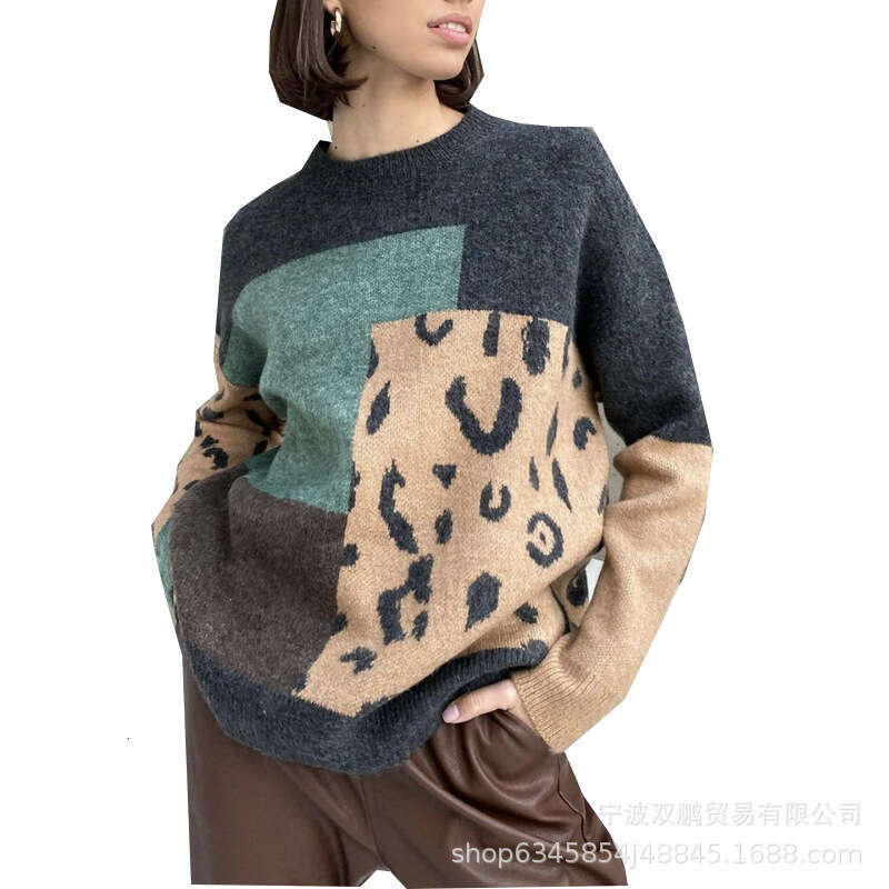 Leopard Print Patchwork Sweater For Women Soft Thickened Sheep Wool Long Sleeve Knitted Top Ins Style B5