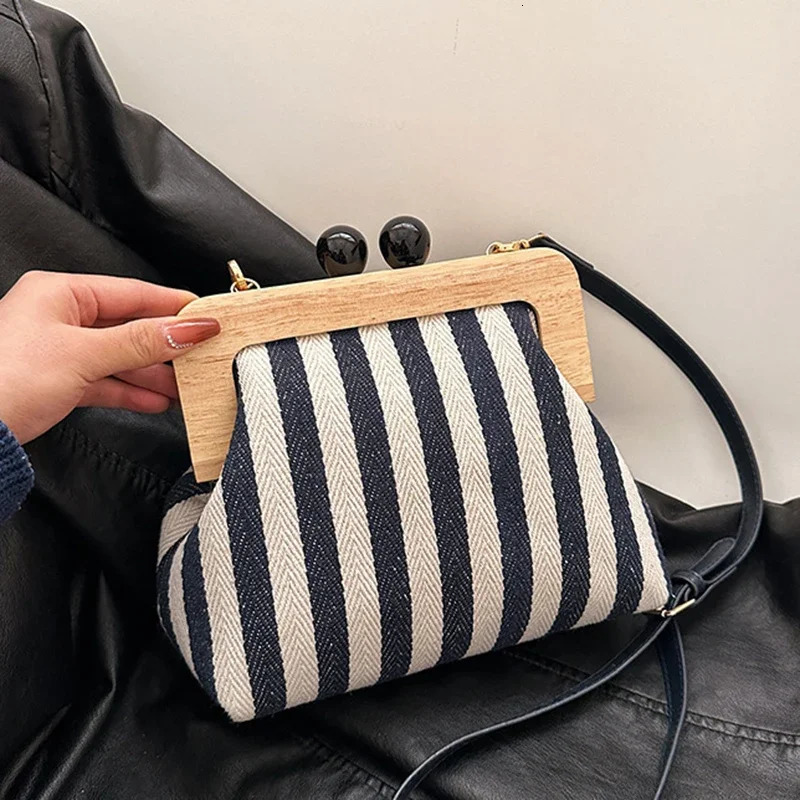 Retro Striped Wooden Clip Shell Bags for Women Messenger Bag Canvas Bead Shoulder Crossbody Ladies Clutch Purse Bolsa Mujer 250725
