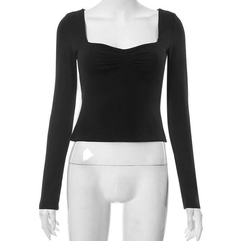 Y23tp1 Women's Autumn INS New Solid Color Square Neck Long Sleeve Gathered Side Slit Top T-Shirt For Women B5