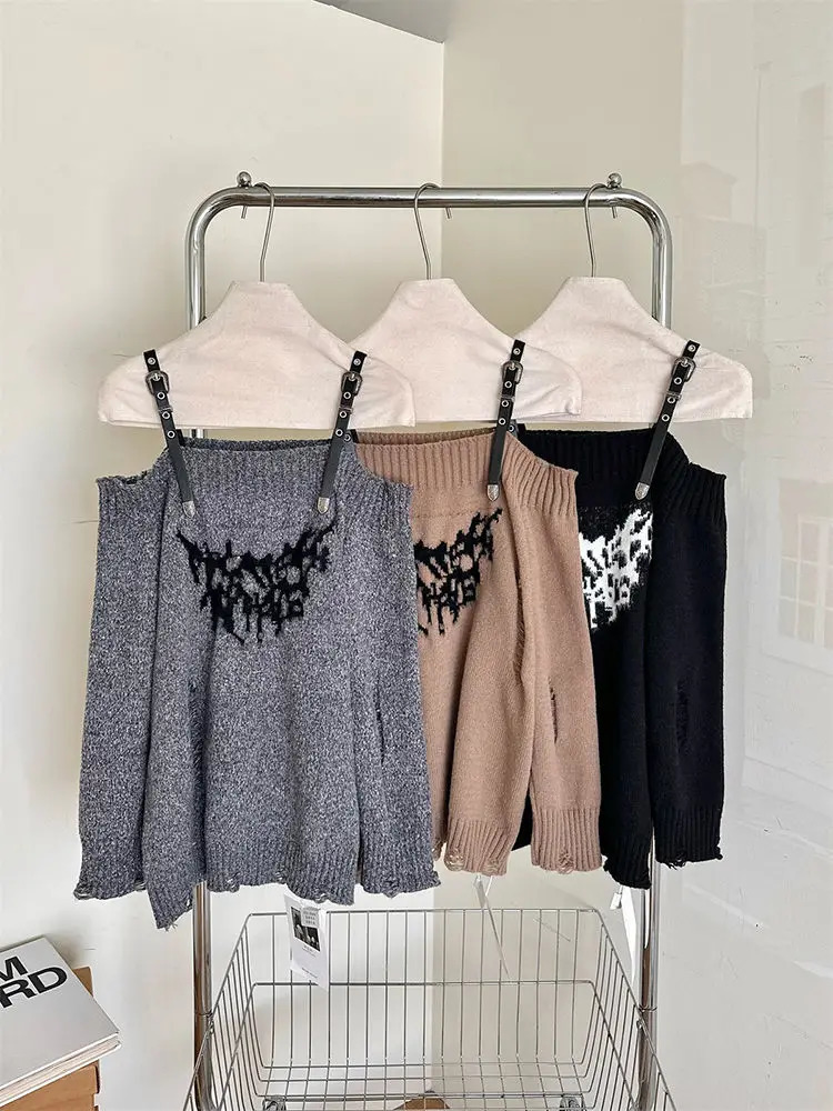Hip Hop Off Shoulder Long Sleeves Strap Knitted Pullover Autumn Winter tie Loose Sweaters Grunge Top Womens Sweater 250723
