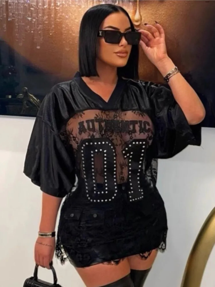 Letter Print TShirts Top Women 2025 Spring Summer VNeck See Through Backless Loose Short Sleeve Y2K Sexy Trend Streetwear Tops 250724