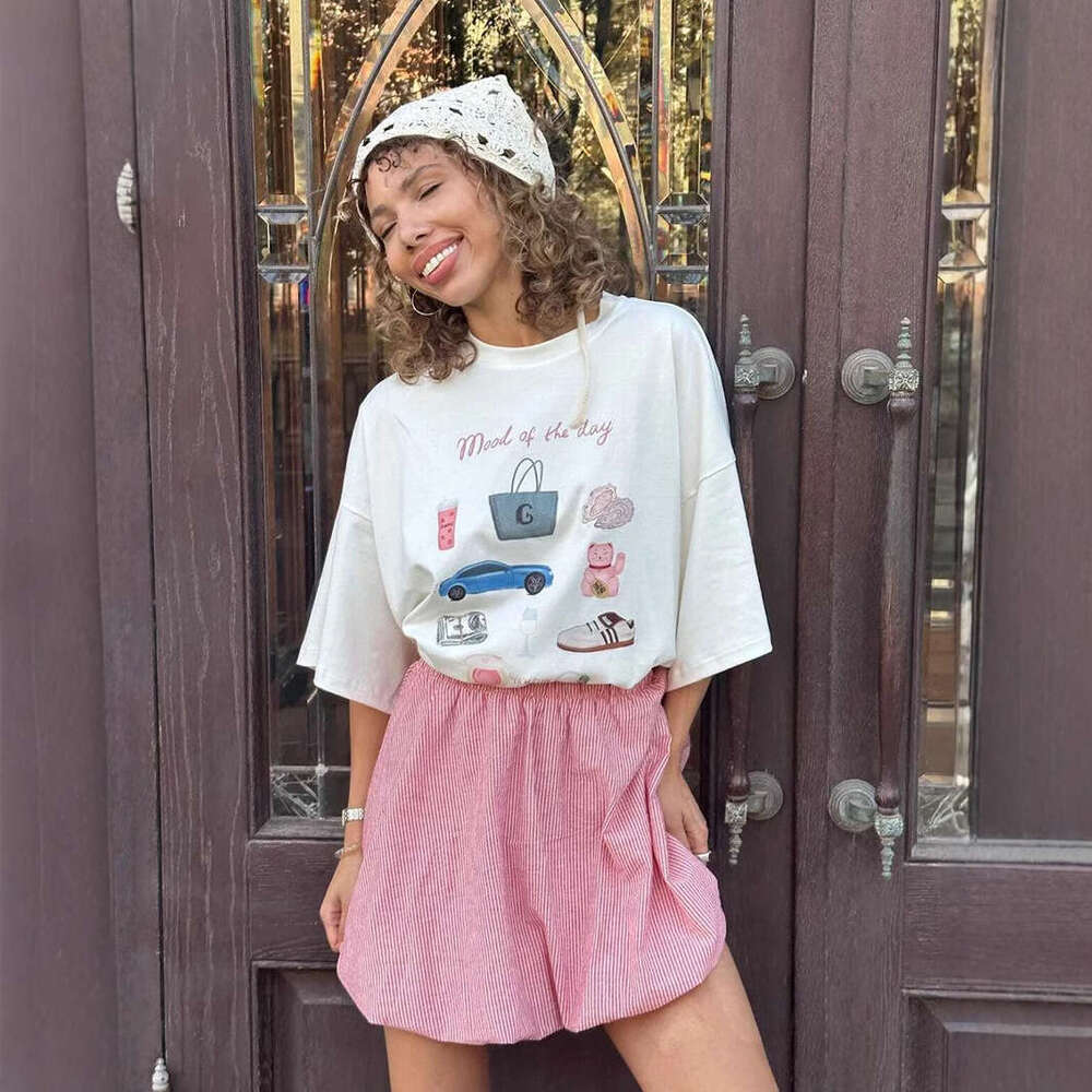 Hand-Painted Print T-Shirt For Women, Summer New Versatile Loose Round Neck Pure Cotton Short Sleeve Top Ins B5 h6