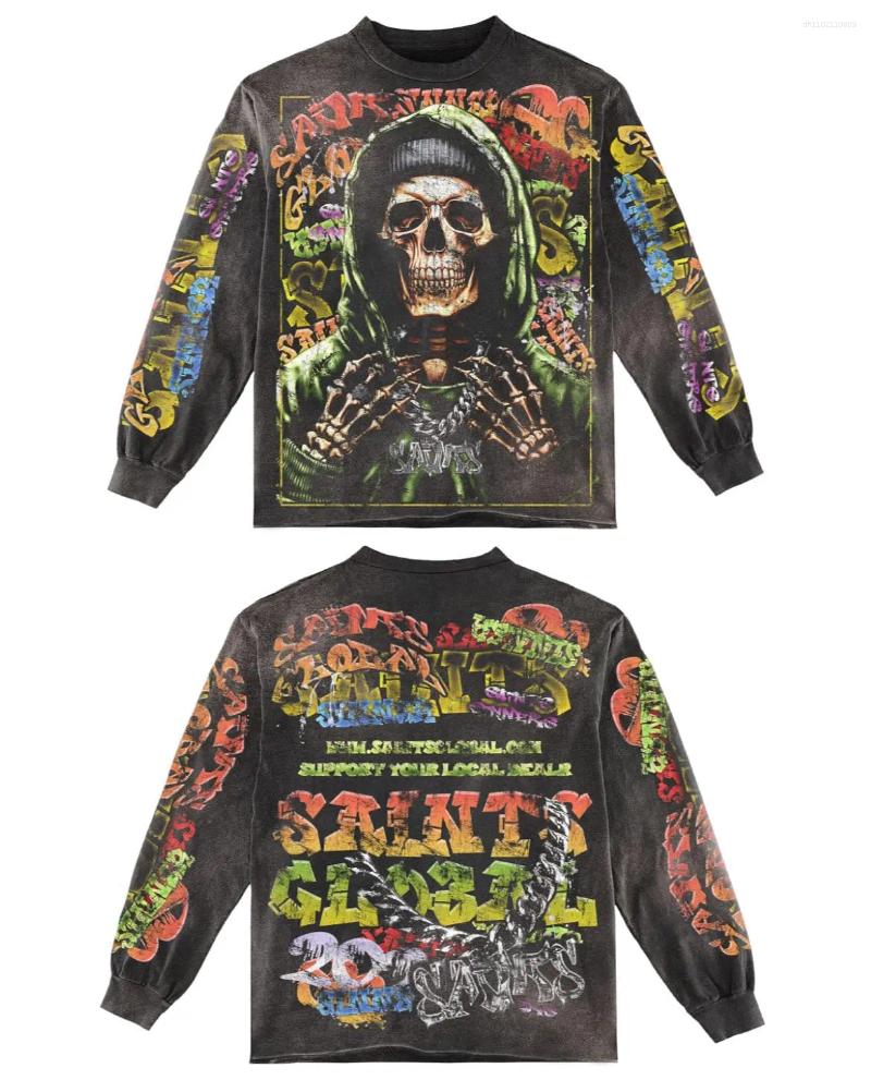 Men's T Shirts Fashion Skull Green Graphic Longsleeve T Shirts Streetwear Men Oversized Shirt Harajuku Crew Neck Black Cotton Retro Long Sleeve T