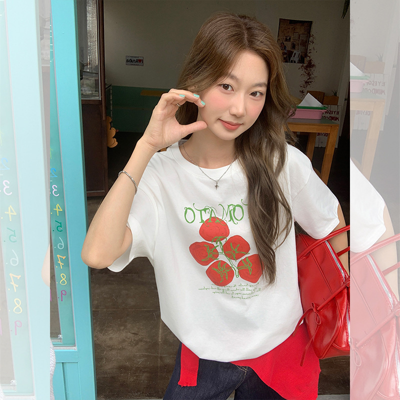 2025 Korean style white tomato short sleeved women's T-shirt summer new design sense niche casual top new designer T-shirt