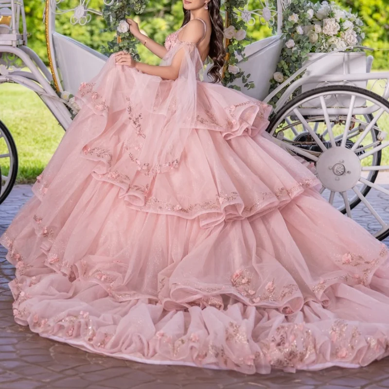 Pink Shiny Princess Ball Gown Quinceanera Dresses Spaghetti Strap Sequin Appliques Flower Beads Tull Sweet 16 Dress vestidos 15 Anos