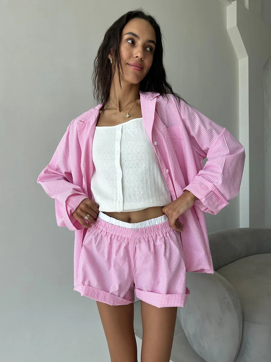 Muzuleva 100% Cotton Pink Patchwork Checkered Pajama Set Spring Long Sleeved Shorts Pajamas Womens Casual Home Clothes 250730